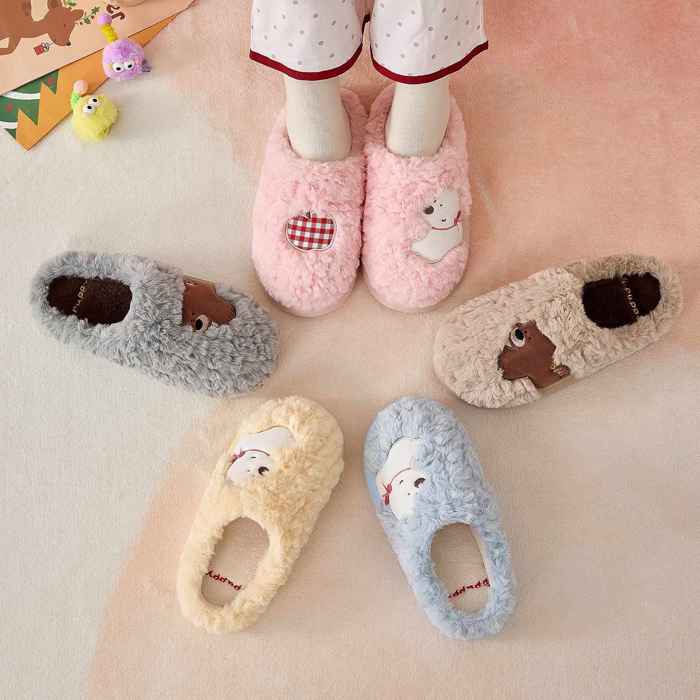 买一送一加绒女冬季棉鞋情侣家居一对防滑抗菌卡通可爱毛绒棉拖鞋 - 图3