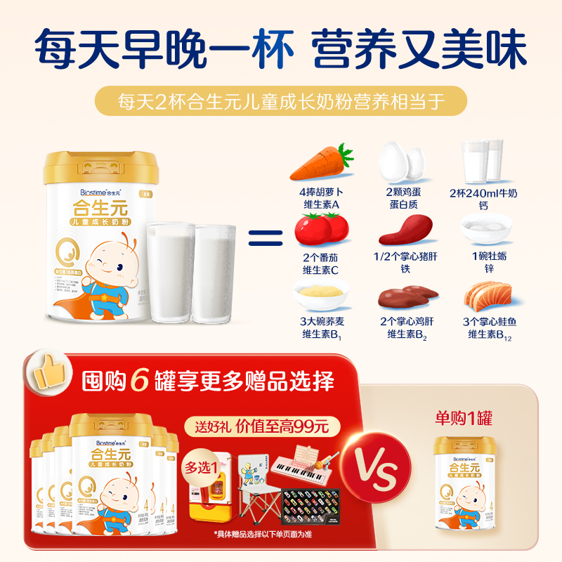 年货节立即购买|合生元儿童成长配方牛奶粉金装乳铁蛋白版800g6罐