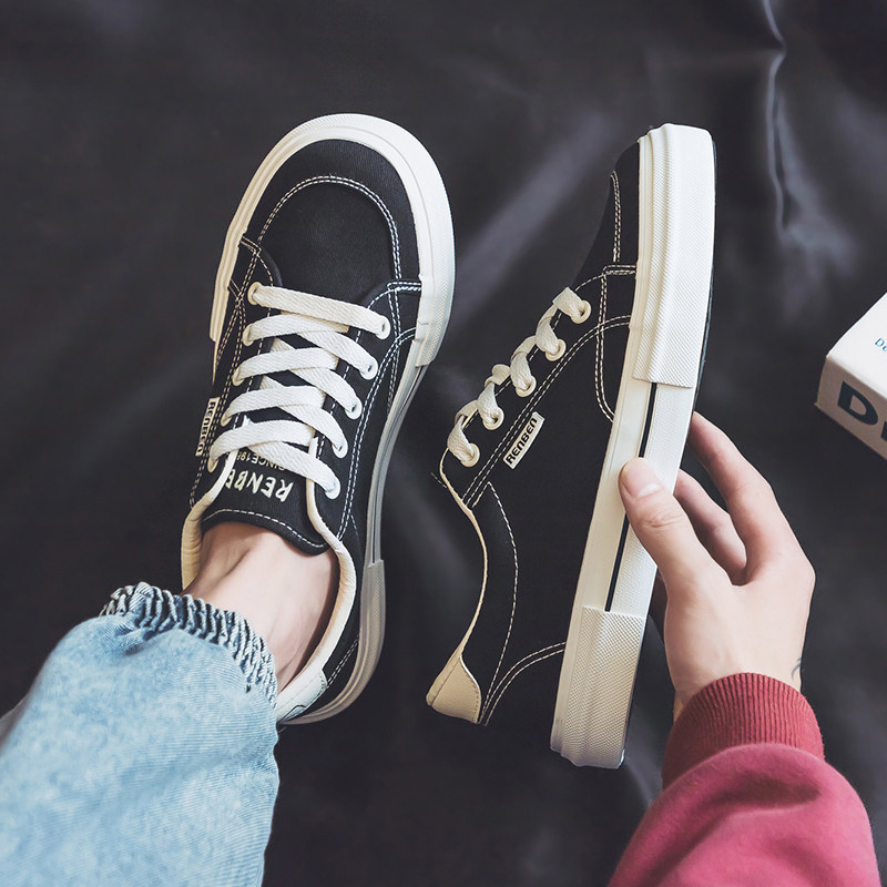 人本低帮帆布鞋男2026春季新款韩版系带休闲鞋透气百搭运动板鞋子,淘宝优惠券,粉丝福利购,淘宝优惠卷