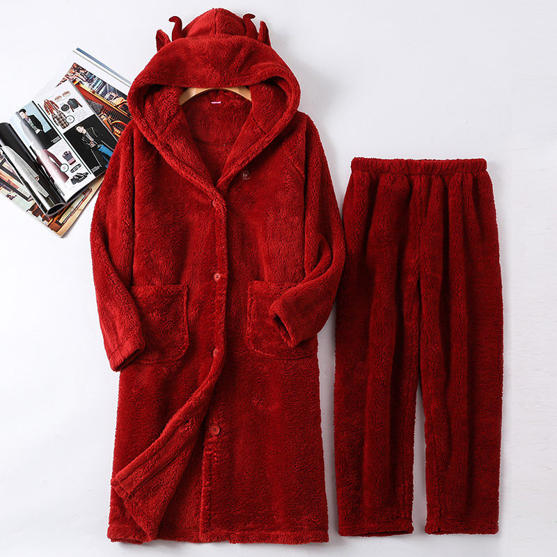 情侣秋冬季法兰绒长款男女红色睡袍 木子内衣睡袍/浴袍