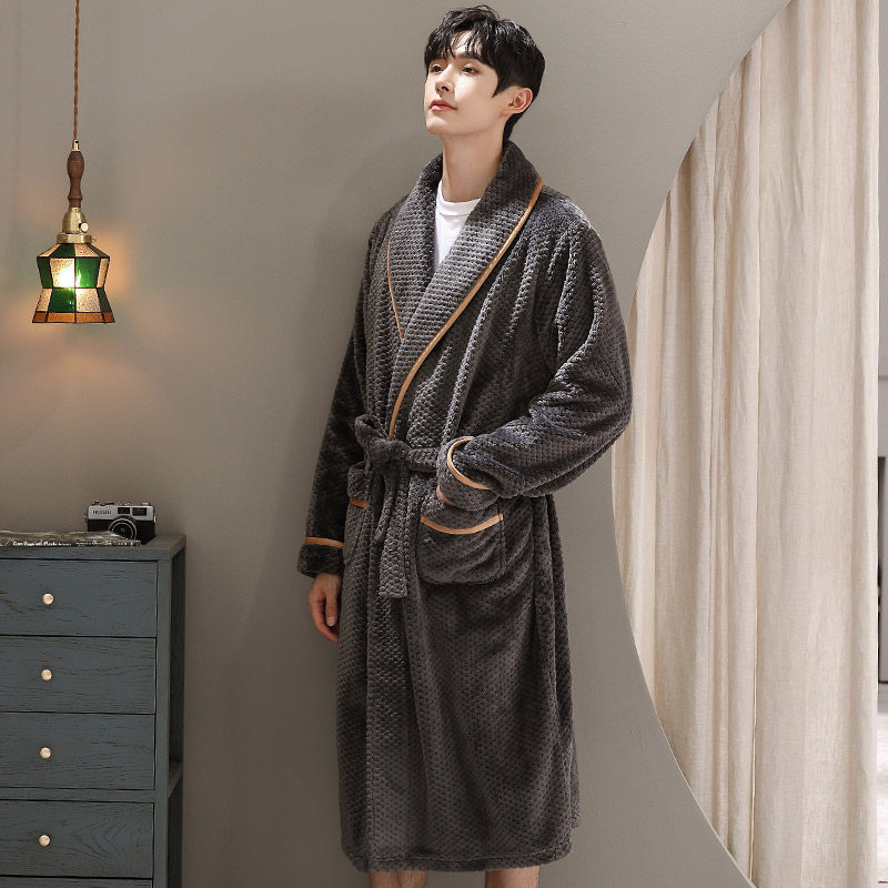秋冬季珊瑚绒睡袍男士加长款晨袍 木子内衣睡袍/浴袍