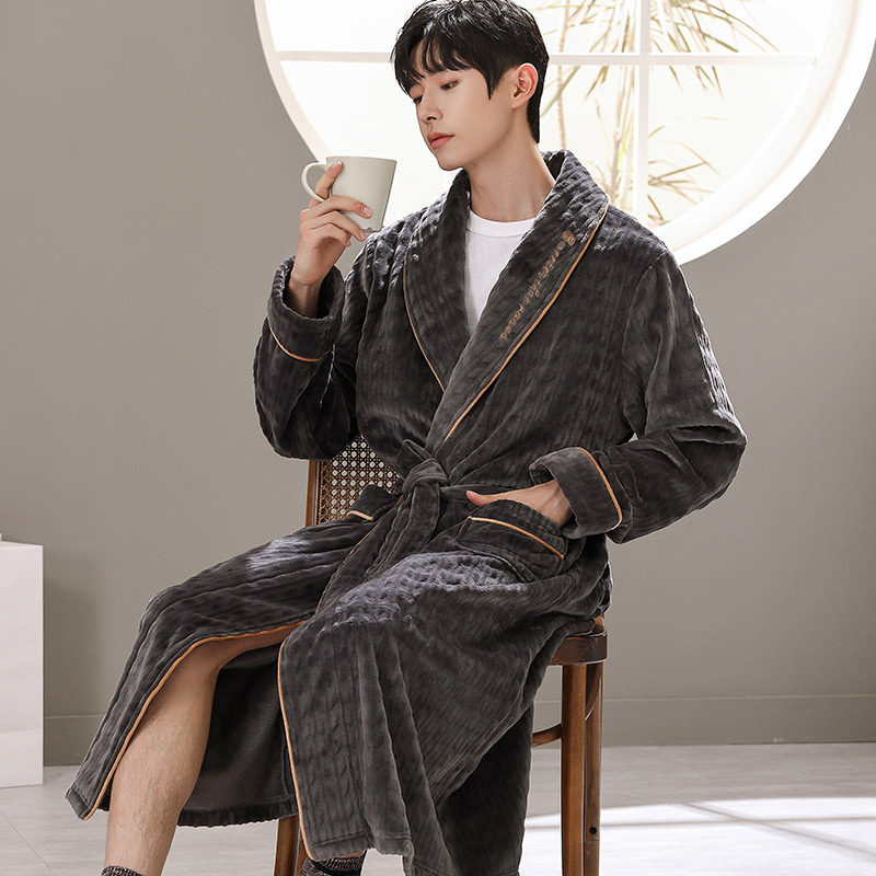 秋冬季法兰绒长款加绒男士睡袍 木子内衣睡袍/浴袍