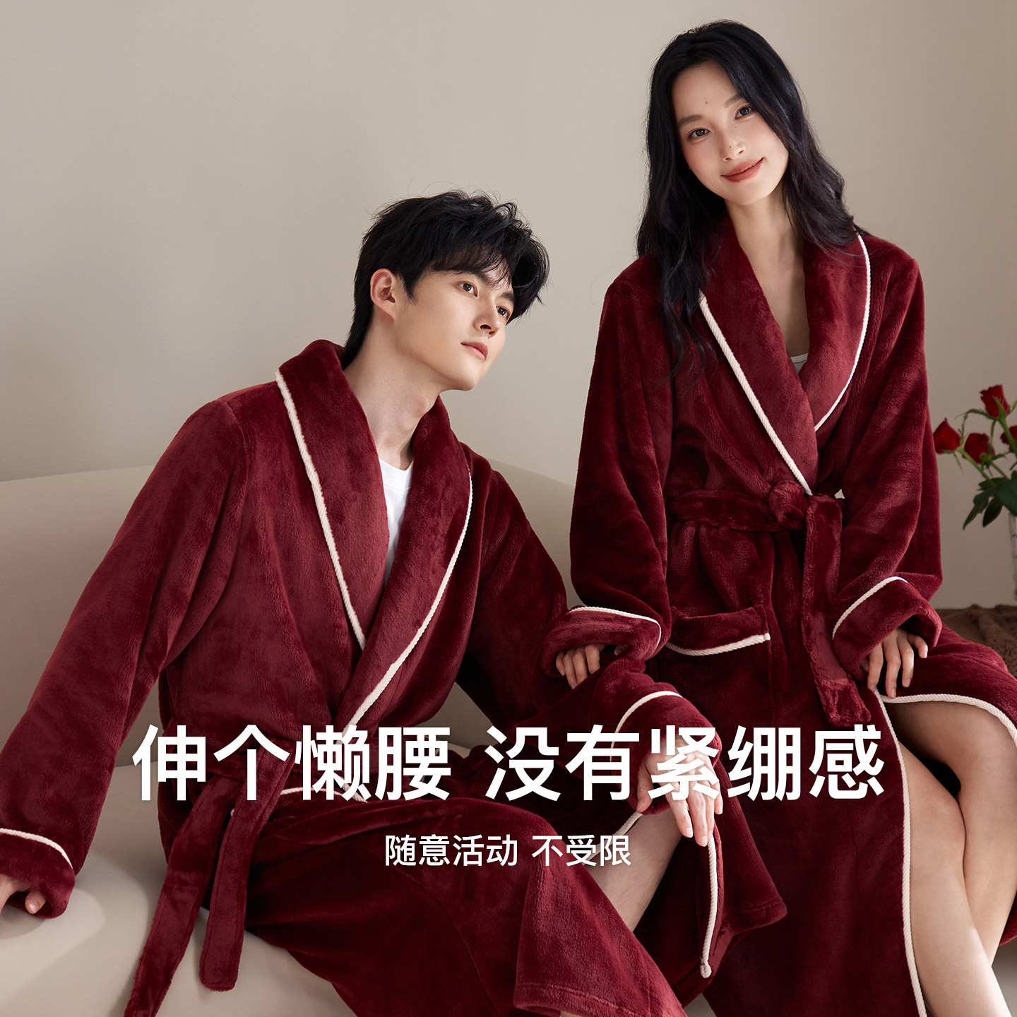 Couple nightgown women's autumn and winter thickened flannel bathrobe wedding year red coral velvet pajamas home clothes