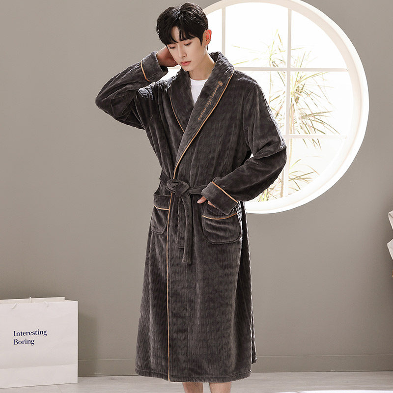秋冬季法兰绒长款加绒男士睡袍 木子内衣睡袍/浴袍