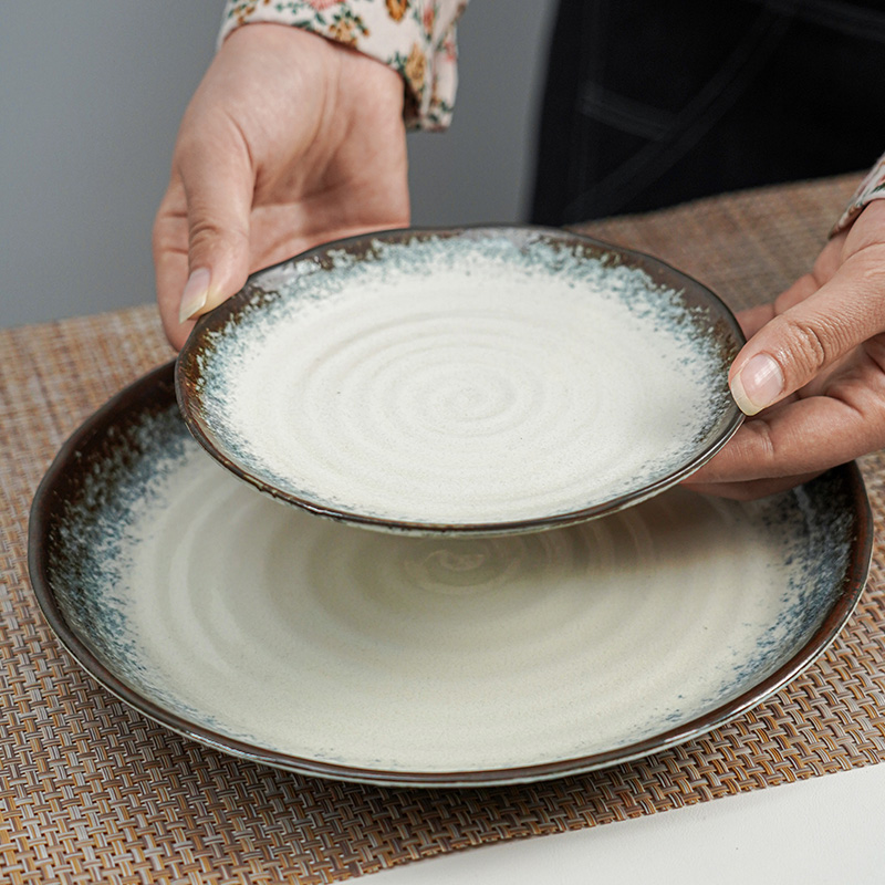 美濃燒日本進口復古簡約月暈青白飯碗餐盤陶瓷西餐餐具套裝家用_美濃燒旗艦店_餐飲具
