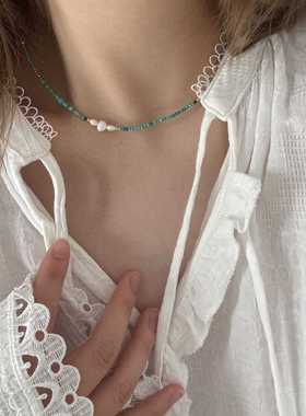 叠戴天然珍珠绿色石项链新中式
