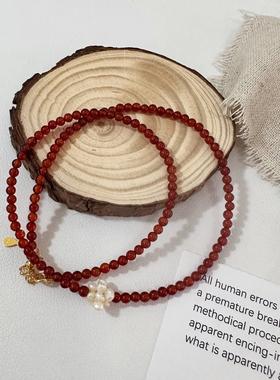 新中式高级感天然珍珠项链S925银国风简约红玛瑙叠戴串珠显白颈链