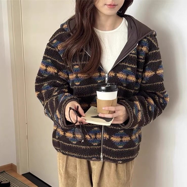 高品质！韩国2025秋冬新款复古费尔岛提花夹克女羊羔毛慵懒感外套,淘宝优惠券,粉丝福利购,淘宝优惠卷