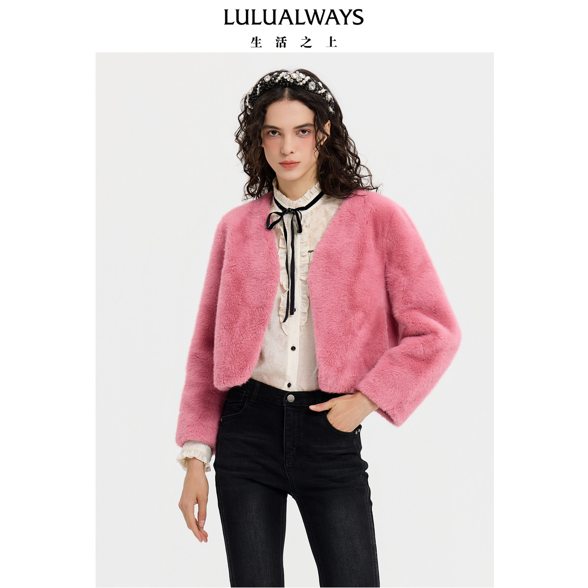 LULUALWAYS25秋季新款环保仿水貂毛小众质感简约毛毛短外套女,淘宝优惠券,粉丝福利购,淘宝优惠卷