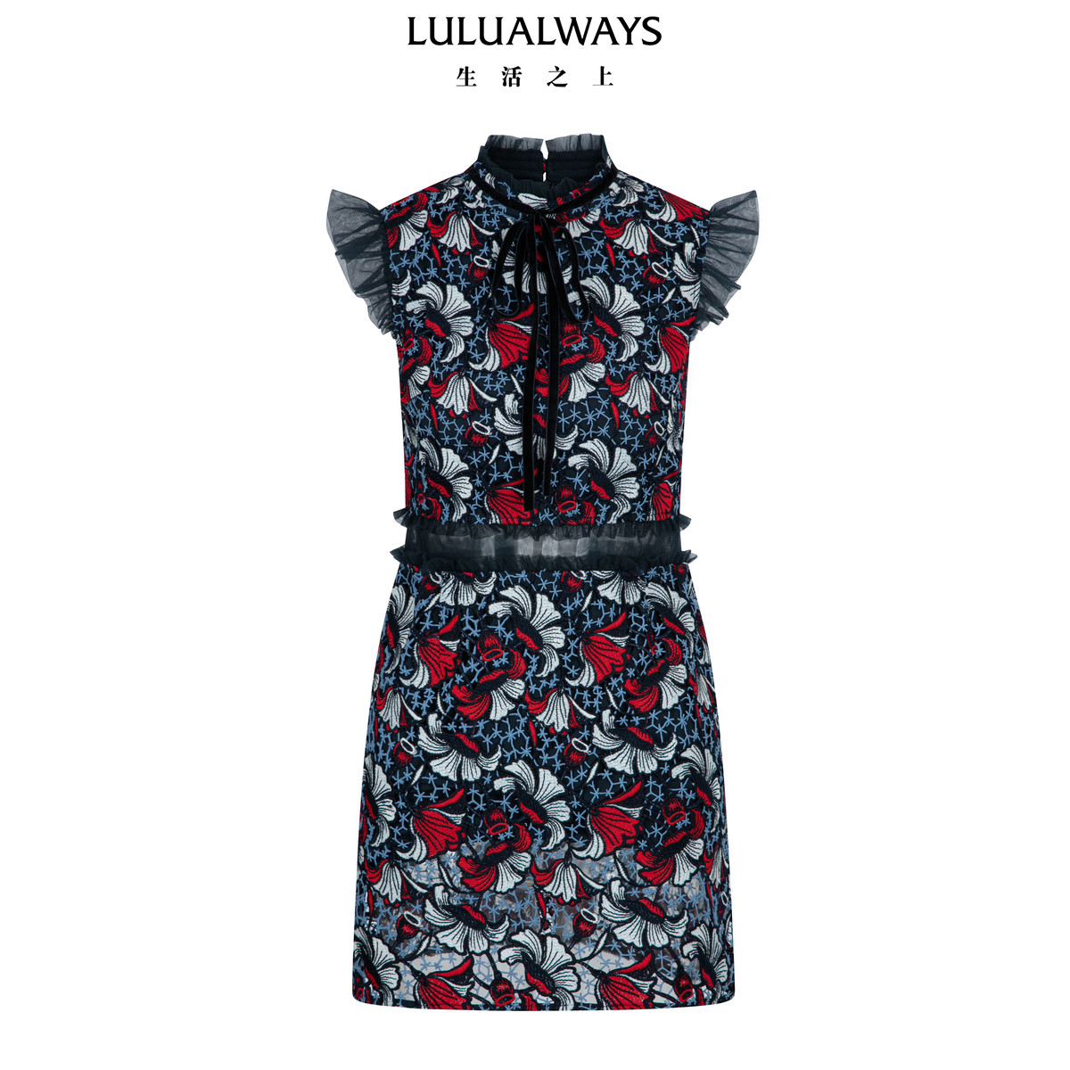 LULUALWAYS【商场同款】冬季新款复古优雅显瘦蕾丝飞飞袖连衣裙