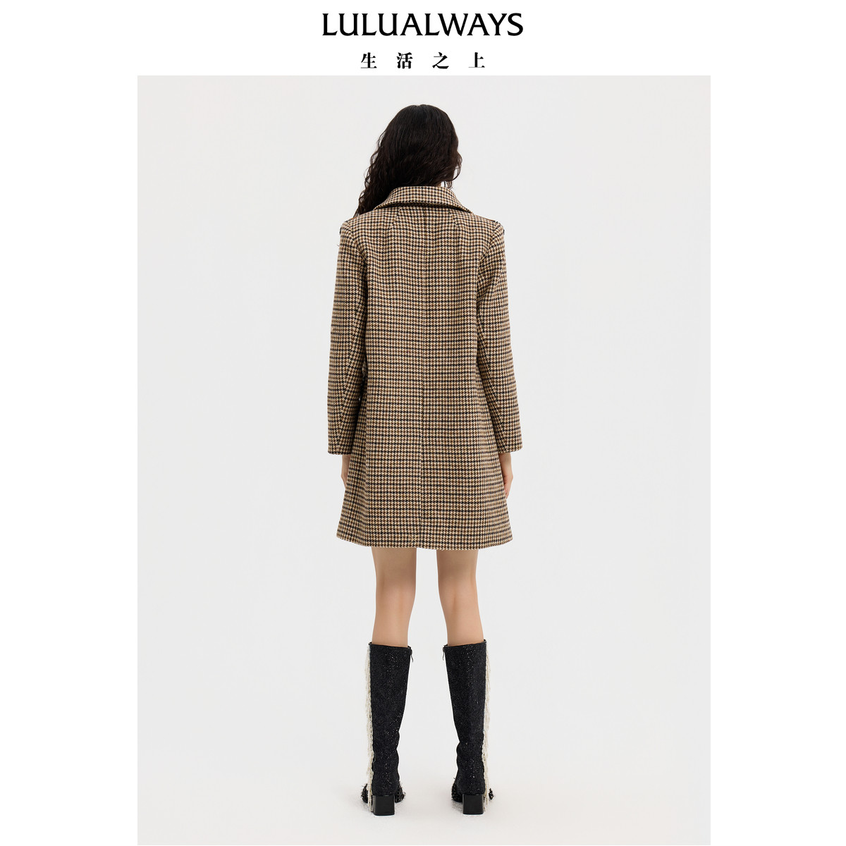 LULUALWAYS【商场同款】25冬季新款经典复古优雅千鸟格大衣外套女,淘宝优惠券,粉丝福利购,淘宝优惠卷