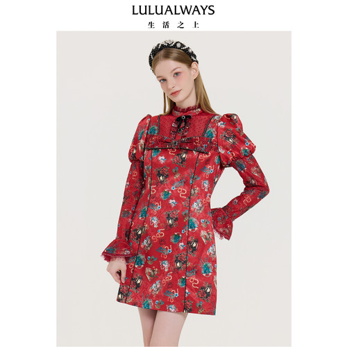 LULUALWAYS我爱露露25冬季新款华丽【盛世玫瑰】收腰短款女连衣裙-图1