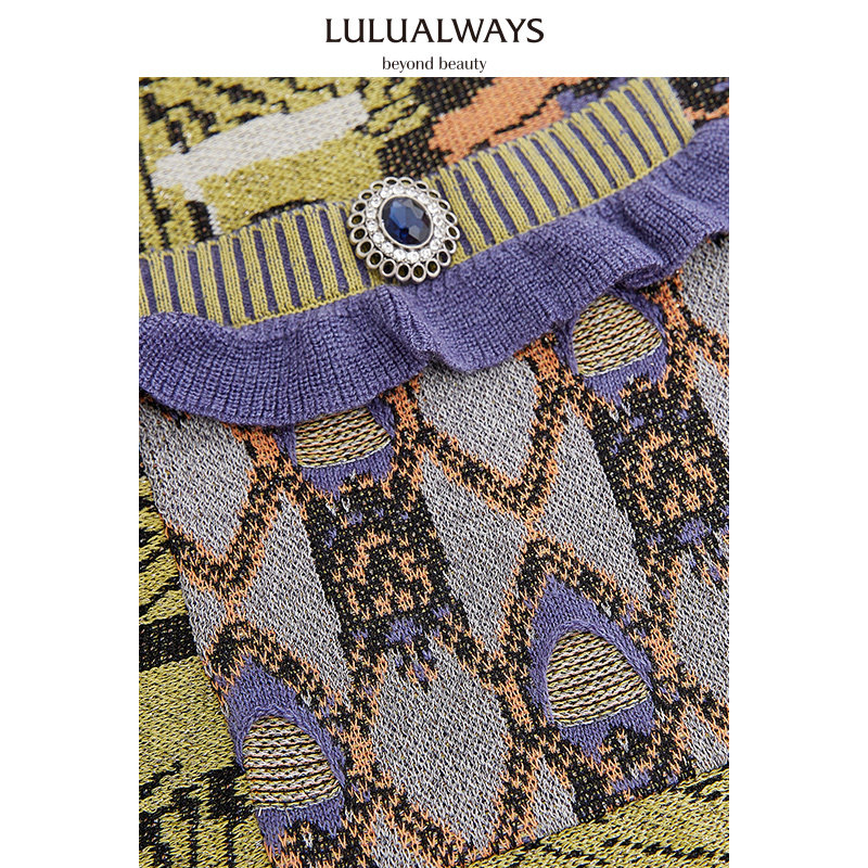 LULUALWAYS【商场同款】法式复古木耳拼接印花撞色口袋针织连衣裙,淘宝优惠券,粉丝福利购,淘宝优惠卷