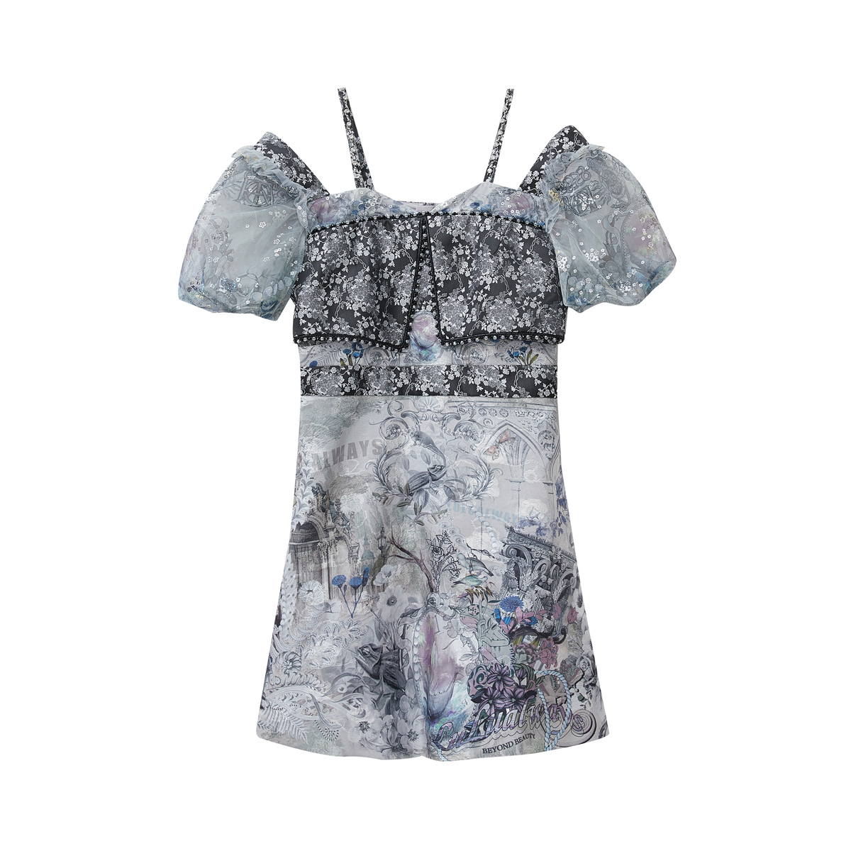 我爱露露LULUALWAYS夏季新款时尚优雅吊带短袖短款连衣裙 - 图3