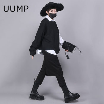 UUMP2024 ພາກຮຽນ spring ແລະດູໃບໄມ້ລົ່ນຂອງແມ່ຍິງໃຫມ່ Pants ຮ່ອງກົງແບບປອມສອງສິ້ນອອກແບບສີດໍາແອວສູງ Slim Fit 9-Point Skirt