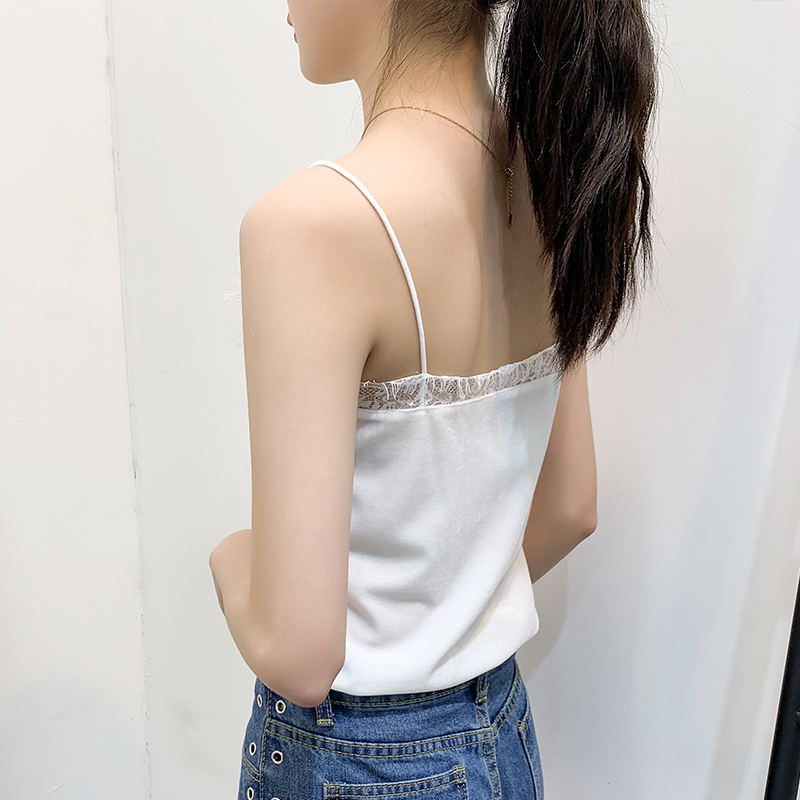 v领吊带丝绒拼接色蕾丝2020打底衫 韩伊格背心吊带