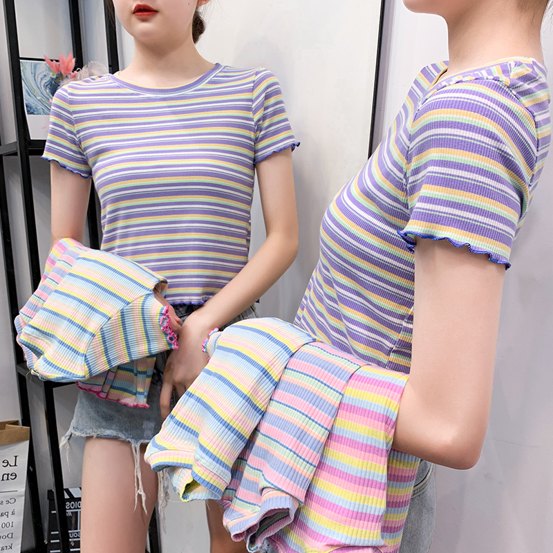 泫雅风彩虹条纹女短袖冰丝夏t恤 韩伊格T恤