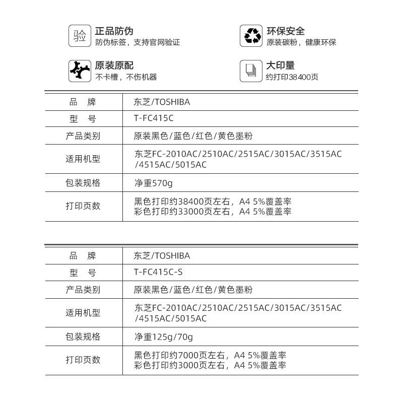 原装正品东芝2010ac粉盒 2010 2110 2510 2515 2610 3015 3515 4515 5015 ac彩色墨粉东芝 FC-415C原装碳粉-图0