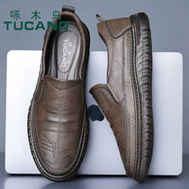 Woodpecker Male Shoes 2023 Winter Gush Leather Soft-bottom Business One Foot foot Bean Shoes Bull Gluten Bottom Dad Leather Shoes