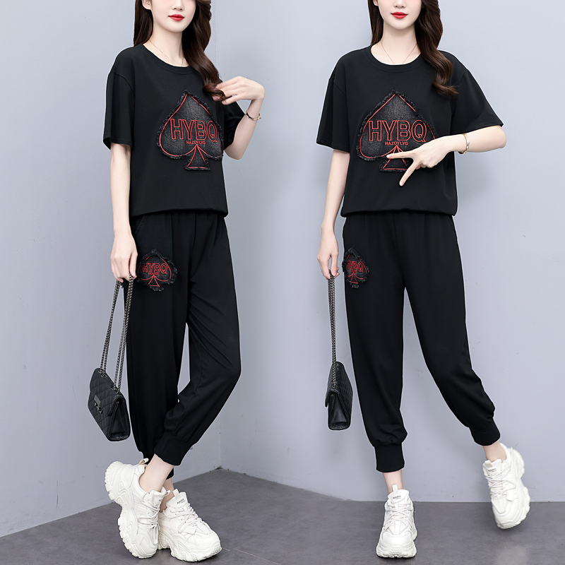 2025夏季新款牛仔短袖裤子套装女宽松遮肚休闲刺绣大码女装两件套 - 图0