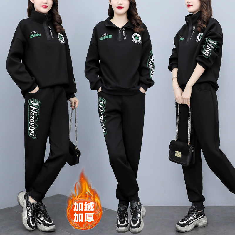 一整套秋冬加绒加厚休闲大码女装冬季加厚卫衣长袖天鹅绒牛仔套装 - 图0