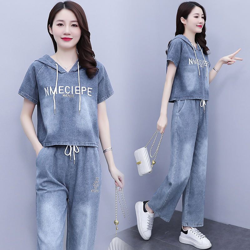 夏天短袖牛仔裤两件套2025夏季新款大码女装时尚休闲运动服套装潮 - 图2