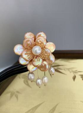 天然巴洛克珍珠发簪 新中式 古风 盘发 黑檀木 步摇 手工
