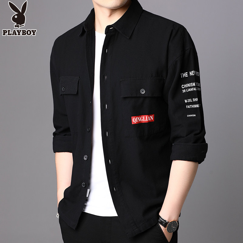 花花公子工装男士长袖纯棉秋季衬衫 playboy大象衬衫
