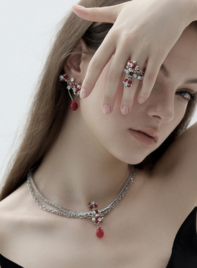 BING双层金属红色锆石项链