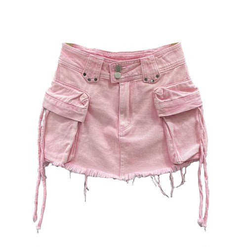 辣妹风牛仔半身裙女2025夏季新款个性绑带大口袋工装A字包臀短裙 - 图3