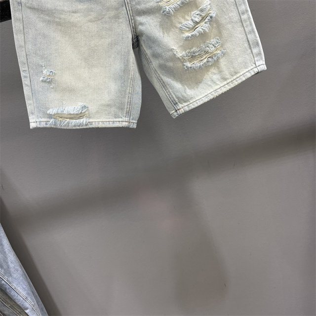 Retro ສີແສງສະຫວ່າງ ripped denim pants ໄຕມາດສໍາລັບແມ່ຍິງ pants ຂາກ້ວາງ