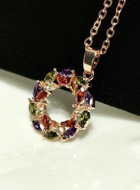 锆石项链彩色叶子十字链女式华丽