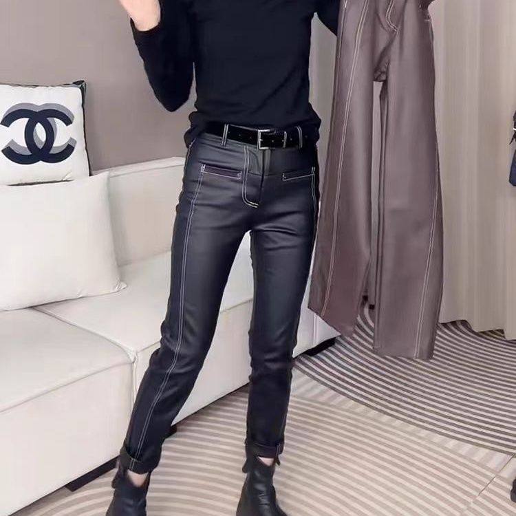 2025春秋冬显瘦修身铅笔九分裤欧货明线小脚烟管裤加绒图层皮裤,淘宝优惠券,粉丝福利购,淘宝优惠卷