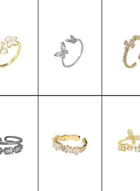 韩小众戒指镶简约奢锆石网红轻ins微环女双层食指日高级感开口