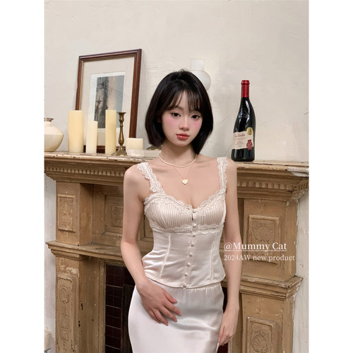 MummyCat下蛋喵【月光珍珠】精致醋酸缎面蕾丝边百褶背心吊带上衣 - 图1