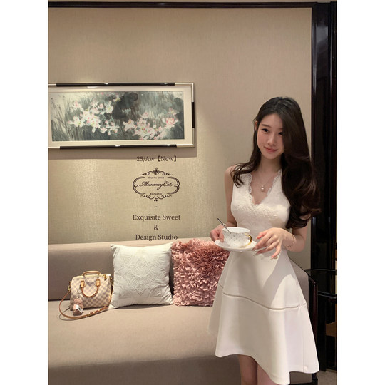 Mummy Cat 下蛋喵【古早小白花】25新品定制蕾丝刺绣V领连衣裙