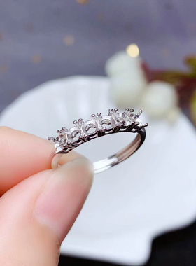 925纯银戒托空托镶嵌6粒圆3×3透辉石宝石翡翠银托定制设计加工