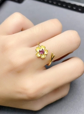 韩版樱花925银戒指活圈石榴石圆形4*4宝石银托空托戒托工厂定制