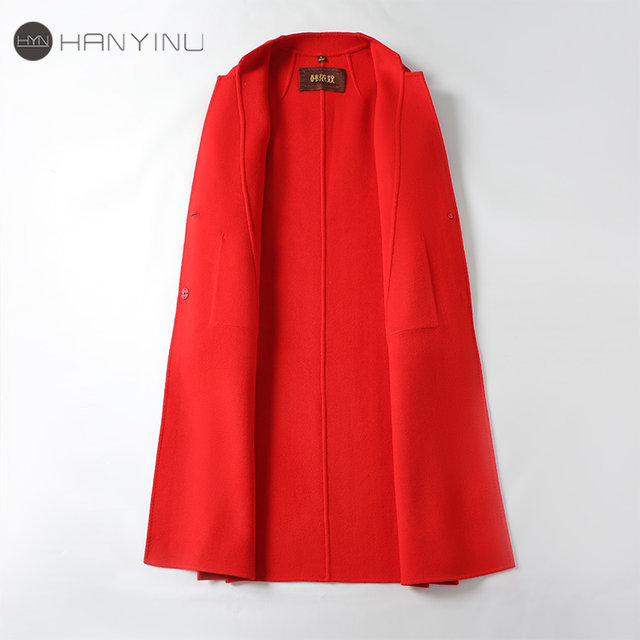 毛呢外套女士中长款一粒扣修身气质大红色2025秋冬新款双面呢大衣