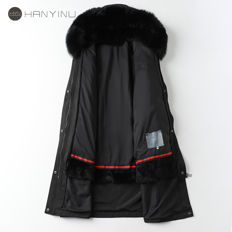 派克服女中长款黑色狐狸毛领秋冬大衣2025新獭兔毛内胆可拆卸外套 - 图1