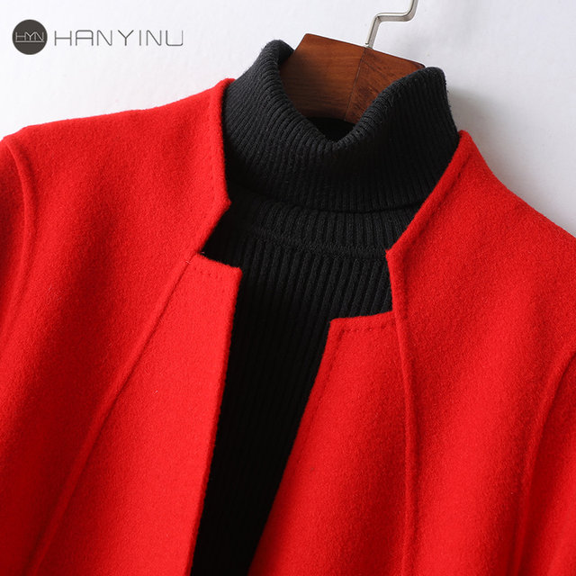 毛呢外套女士中长款一粒扣修身气质大红色2025秋冬新款双面呢大衣