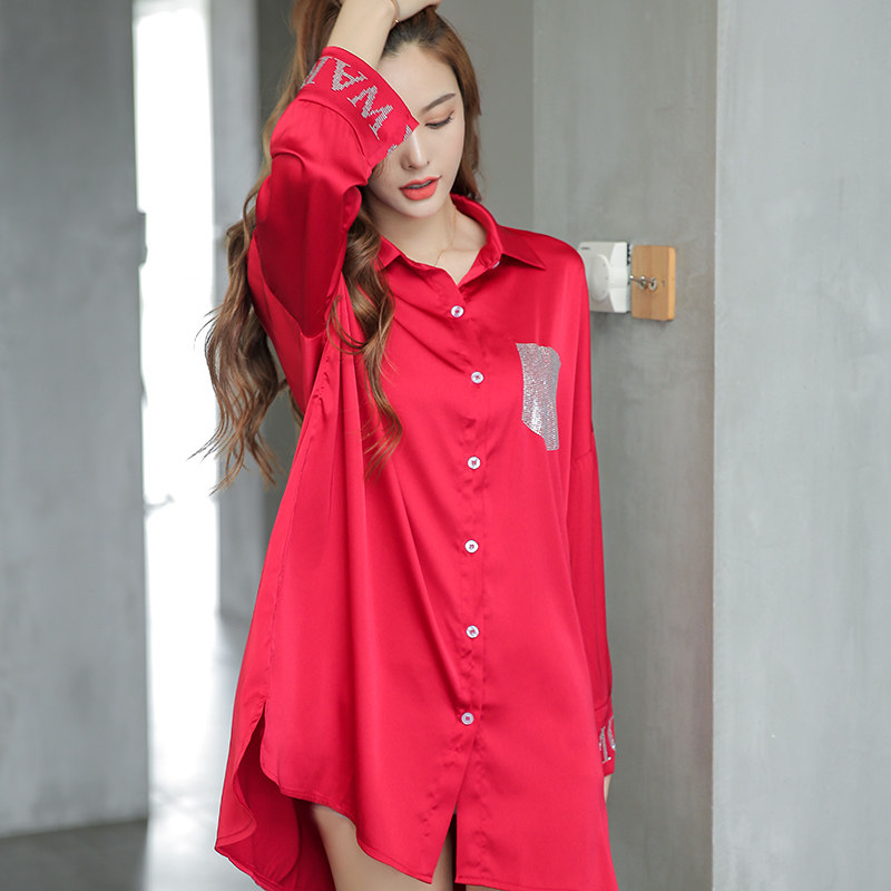 2021年新款带钻衬衫春秋冰丝睡裙 pxfc睡裙