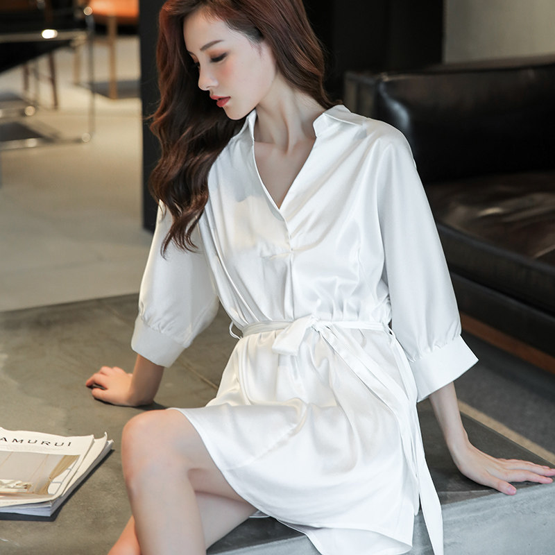 2020新款女夏性感中袖冰丝衬衫睡裙 pxfc睡裙