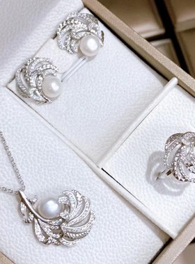 香港壹刻珠宝14k注金天然淡水珍珠套装项链耳钉开口戒指送礼