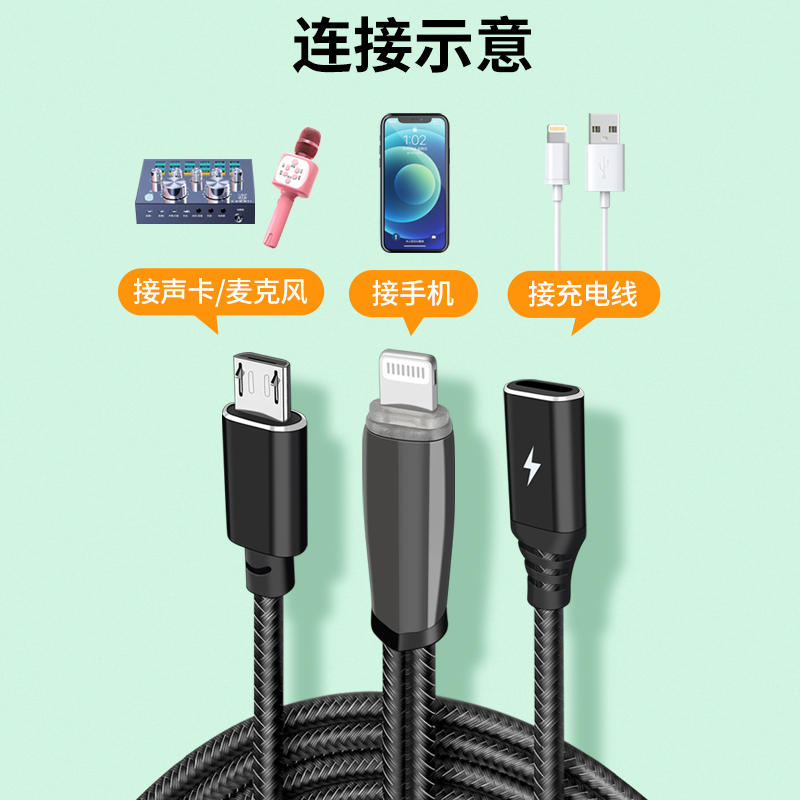 micro安卓口usb直播线适用苹果手机iphone连接声卡V8麦克风二合一充电转接头内录唱歌专用转换器数据线好牧人