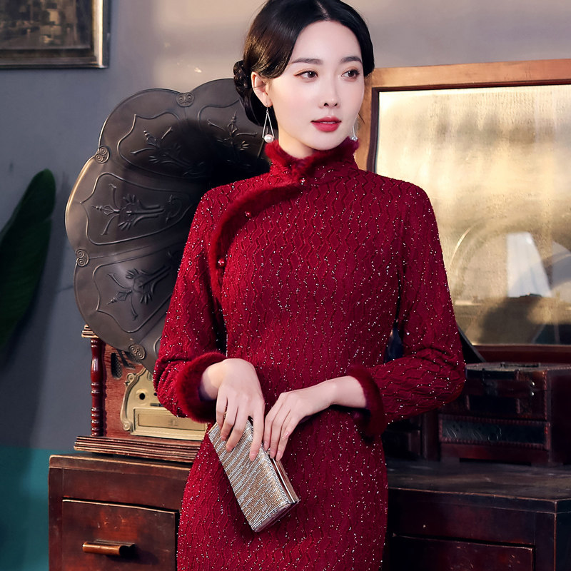 婚礼喜婆婆长袖中长款小个子厚旗袍 淑女记旗袍