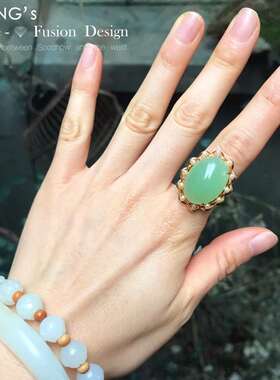 *吉祥玉易坊*新疆和田玉 18K黄金 青海翠 小珍珠戒指