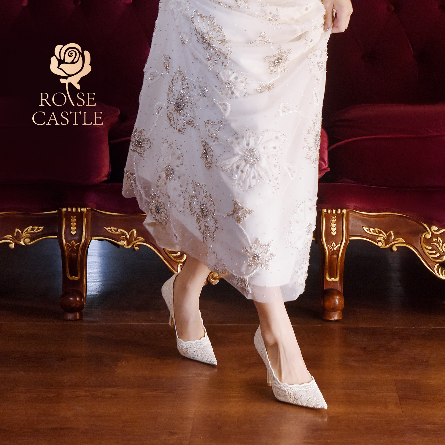 月下蔷薇 rosecastle 白色蕾丝婚鞋女新娘鞋细跟不累脚宴会高跟鞋,淘宝优惠券,粉丝福利购,淘宝优惠卷