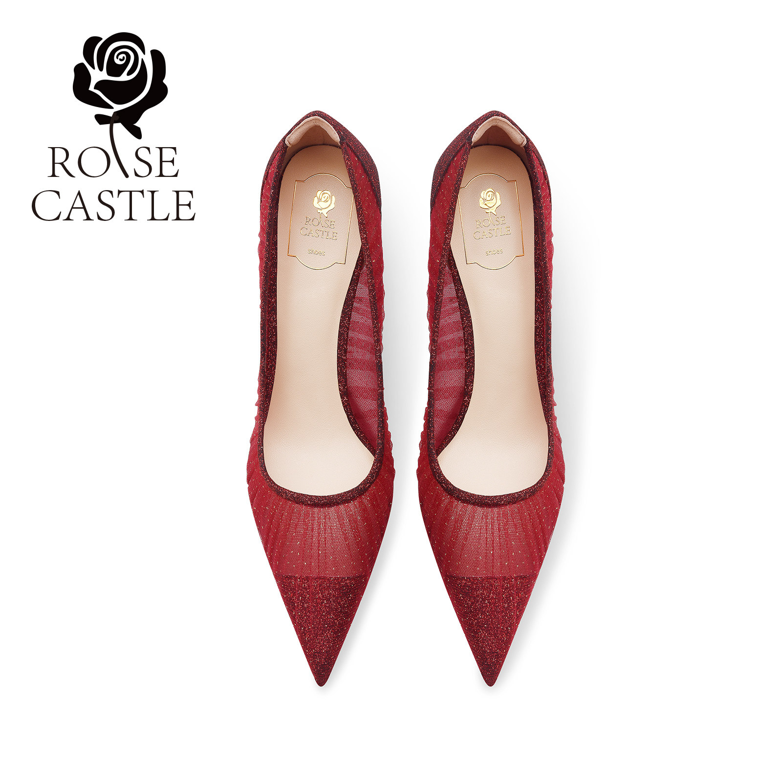 rosecastle 红色秀禾鞋婚鞋女高跟鞋细跟不累脚尖头浅口网纱单鞋,淘宝优惠券,粉丝福利购,淘宝优惠卷