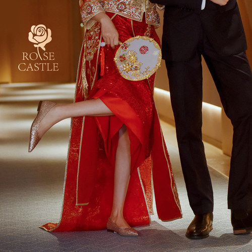 rose castle中式秀禾婚鞋女新娘鞋婚纱秀禾两用平底敬酒鞋不累脚 - 图0